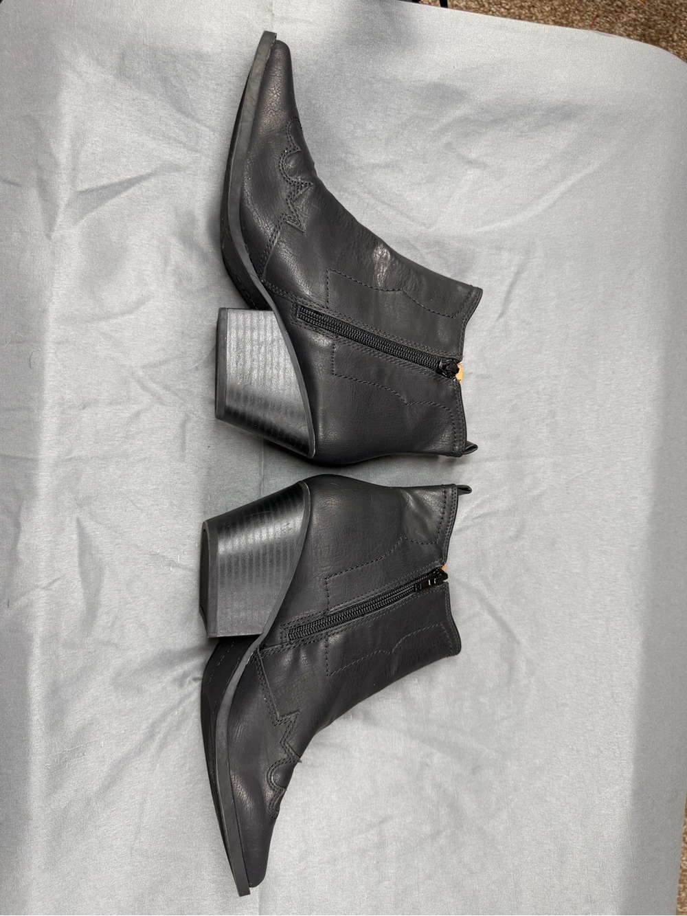 Indigo Black Leather Ankle Booties with Stacked Heel - Picture 3 of 7
